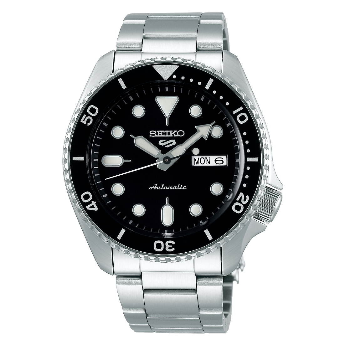 Seiko 5 Sports SRPD55 black dial steel sports watch front view
